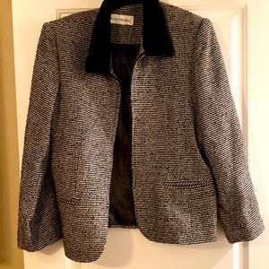 VTG Norton McNaughton women’s black & white tweed zip jacket faux fur collar szL